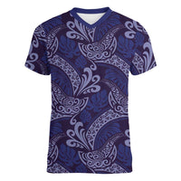 Deep Blue Monstera Women V-Neck T-Shirt Polynesian Tribal Pattern - Polynesian Pride