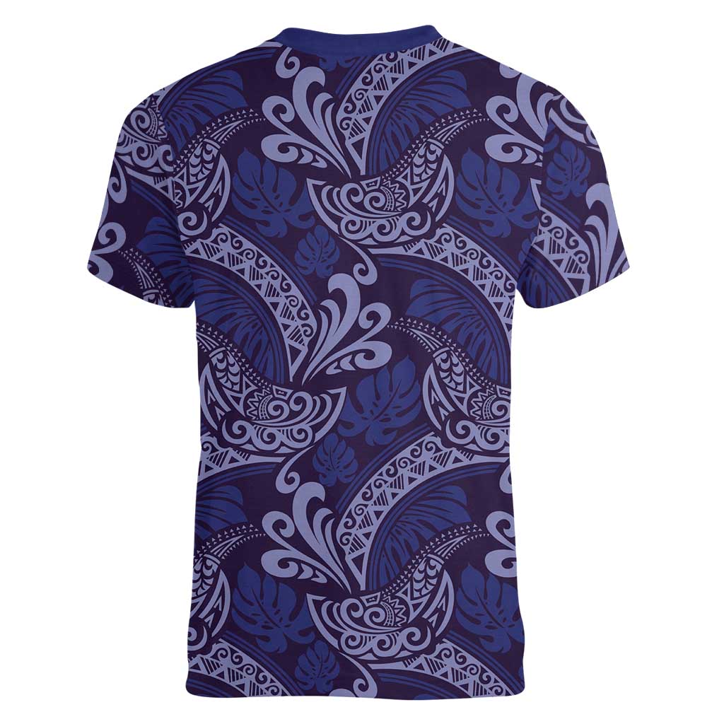 Deep Blue Monstera Women V-Neck T-Shirt Polynesian Tribal Pattern - Polynesian Pride
