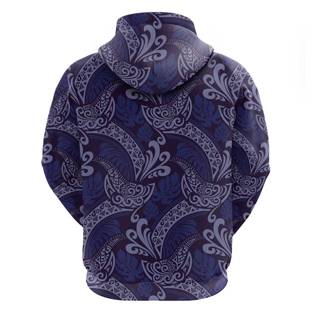 Deep Blue Monstera Zip Hoodie Polynesian Tribal Pattern - Polynesian Pride