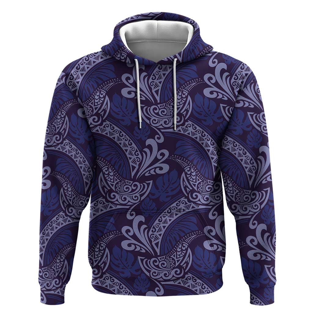 Deep Blue Monstera Zip Hoodie Polynesian Tribal Pattern - Polynesian Pride