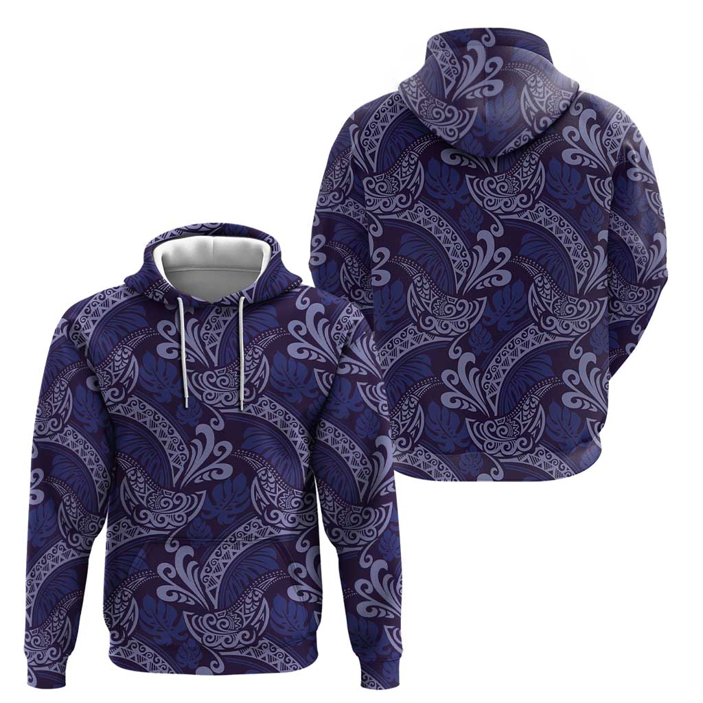 Deep Blue Monstera Zip Hoodie Polynesian Tribal Pattern - Polynesian Pride
