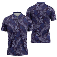 Deep Blue Monstera Zipper Polo Shirt Polynesian Tribal Pattern - Polynesian Pride