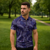 Deep Blue Monstera Zipper Polo Shirt Polynesian Tribal Pattern - Polynesian Pride
