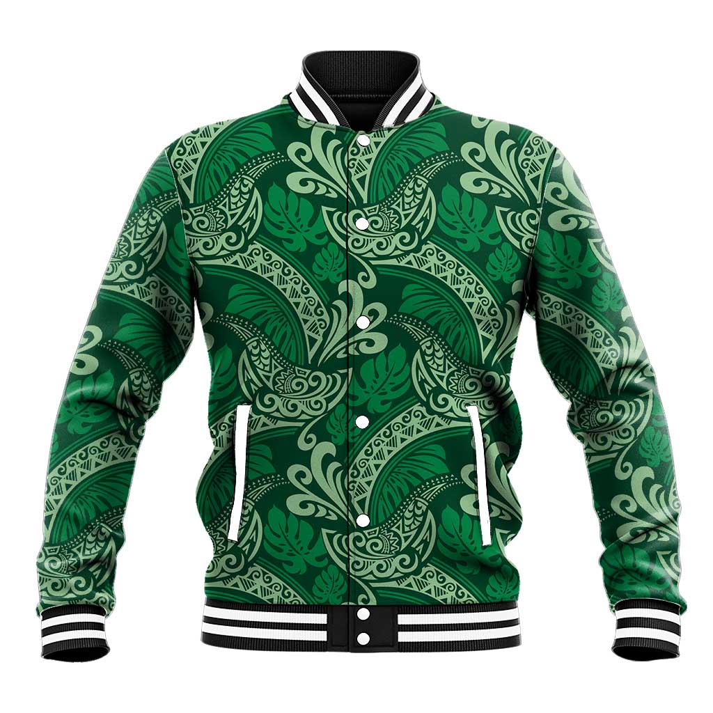 Forest Green Monstera Baseball Jacket Polynesian Tribal Pattern - Polynesian Pride