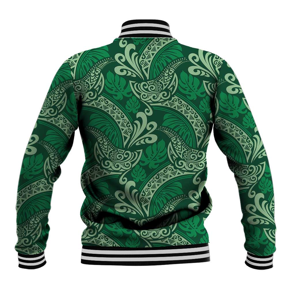 Forest Green Monstera Baseball Jacket Polynesian Tribal Pattern - Polynesian Pride