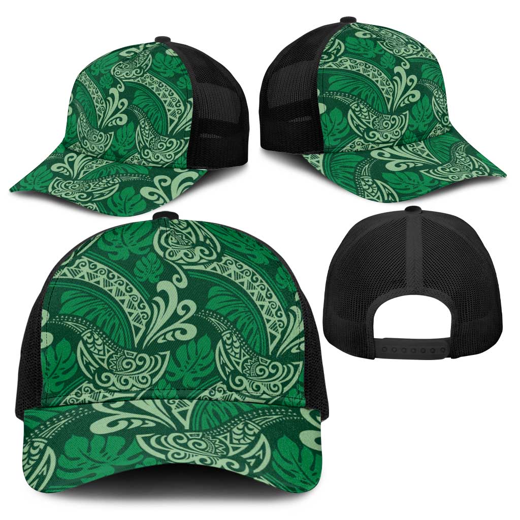 Forest Green Monstera Baseball Net Cap Polynesian Tribal Pattern - Polynesian Pride