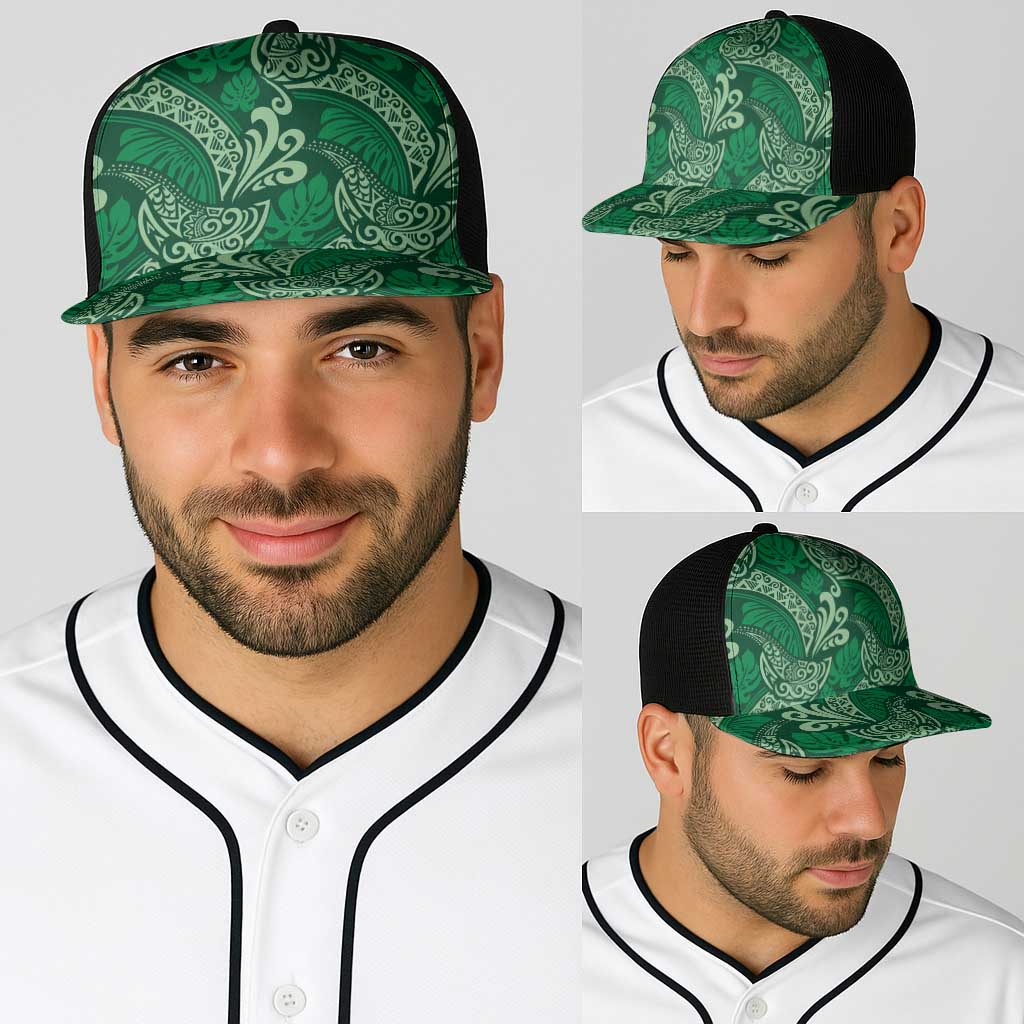 Forest Green Monstera Baseball Net Cap Polynesian Tribal Pattern - Polynesian Pride