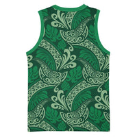 Forest Green Monstera Basketball Jersey Polynesian Tribal Pattern - Polynesian Pride