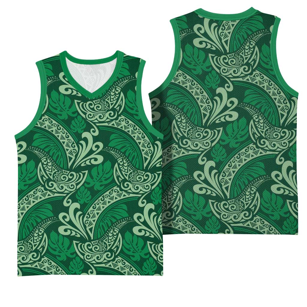 Forest Green Monstera Basketball Jersey Polynesian Tribal Pattern - Polynesian Pride
