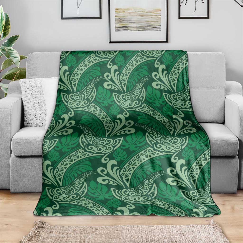 Forest Green Monstera Blanket Polynesian Tribal Pattern - Polynesian Pride