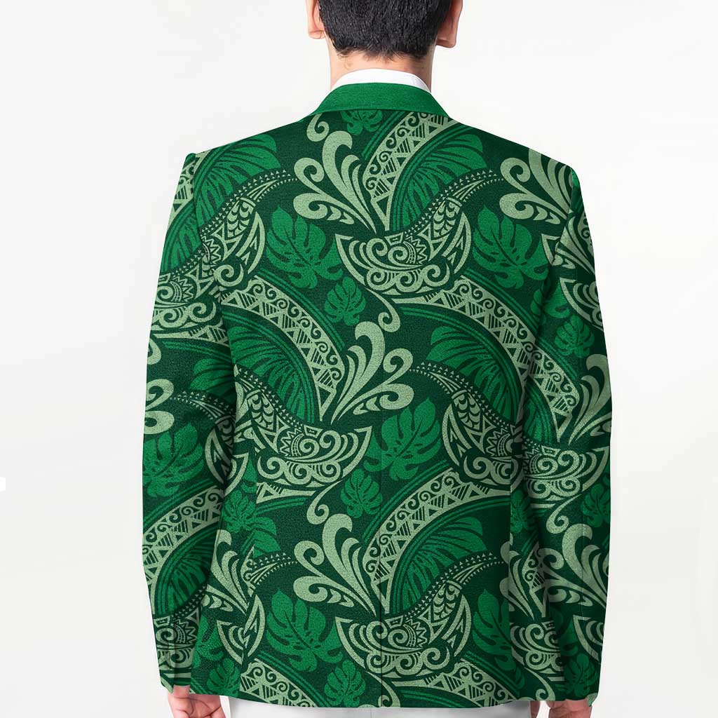 Forest Green Monstera Blazer Polynesian Tribal Pattern - Polynesian Pride