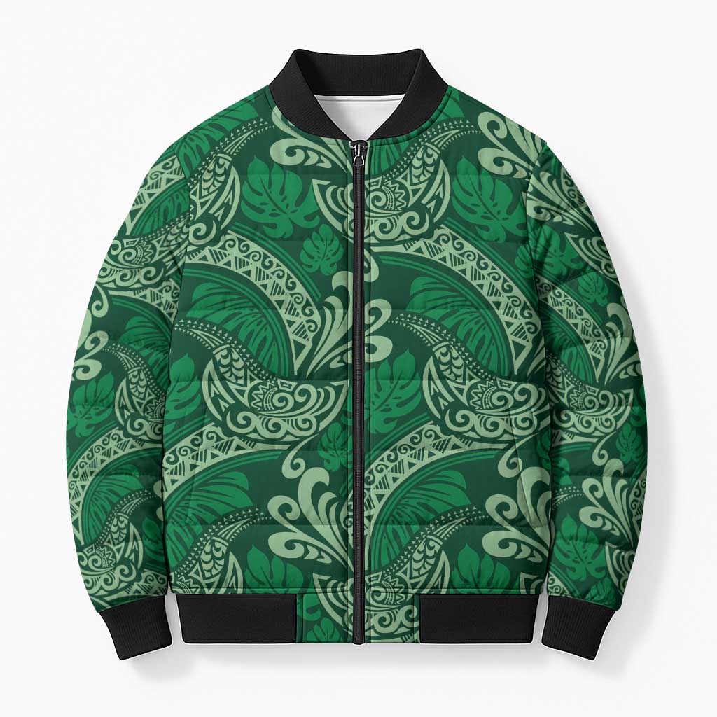 Forest Green Monstera Bomber Puffer Jacket Polynesian Tribal Pattern - Polynesian Pride