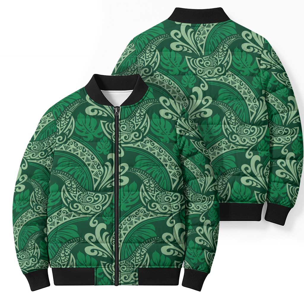 Forest Green Monstera Bomber Puffer Jacket Polynesian Tribal Pattern - Polynesian Pride