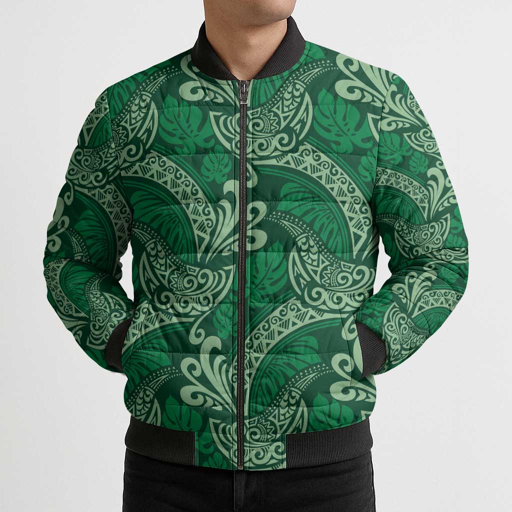 Forest Green Monstera Bomber Puffer Jacket Polynesian Tribal Pattern - Polynesian Pride