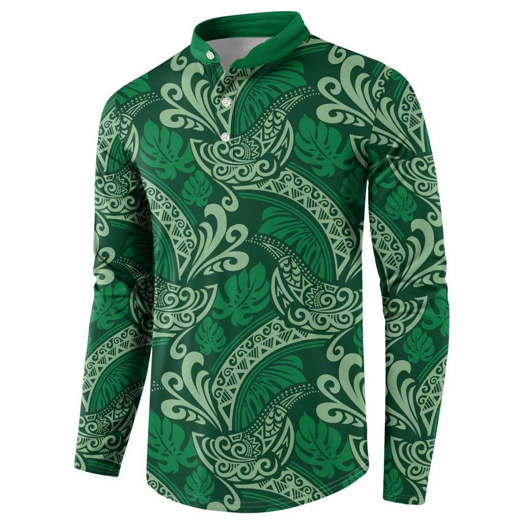 Forest Green Monstera Button Sweatshirt Polynesian Tribal Pattern - Polynesian Pride