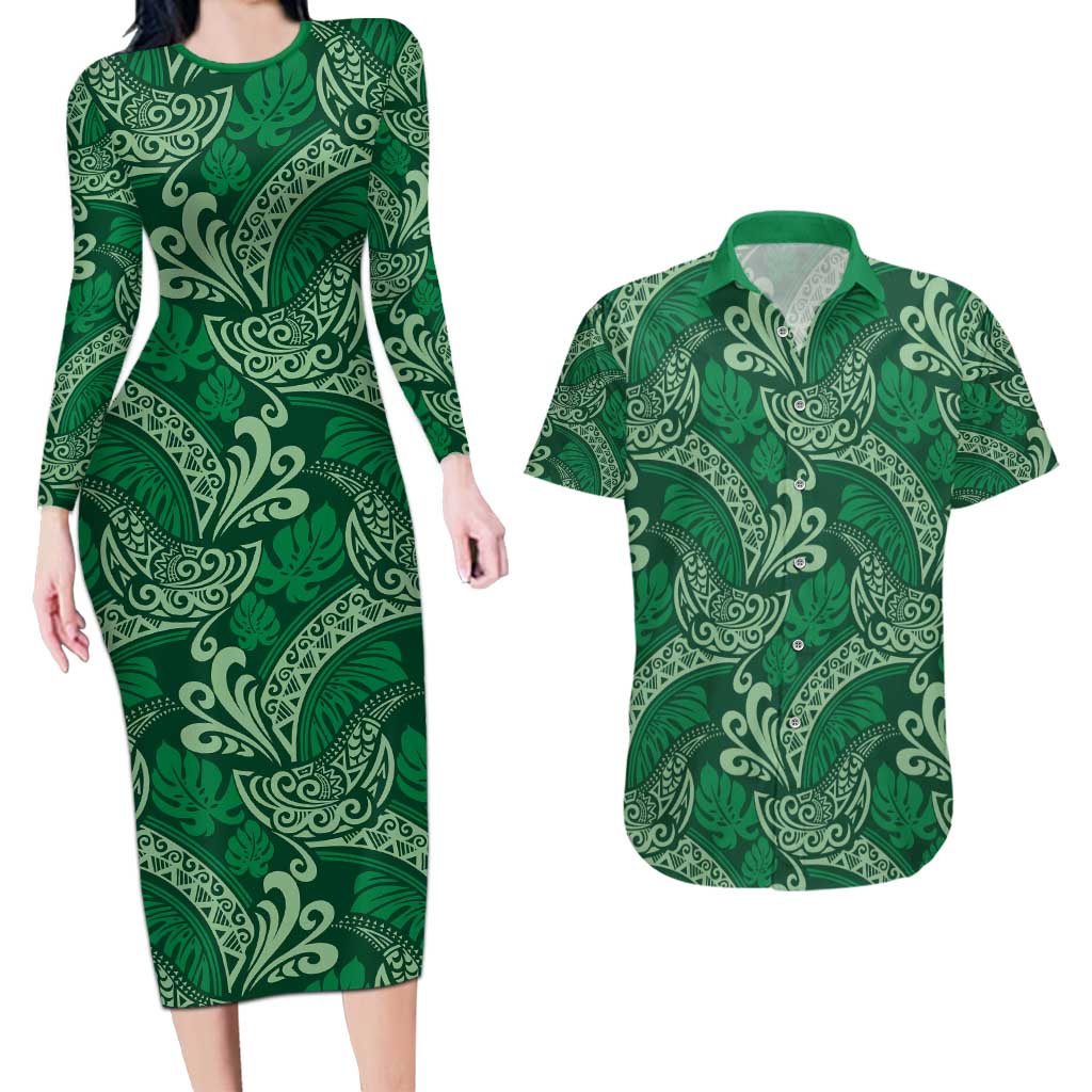 Forest Green Monstera Couples Matching Long Sleeve Bodycon Dress and Hawaiian Shirt Polynesian Tribal Pattern - Polynesian Pride