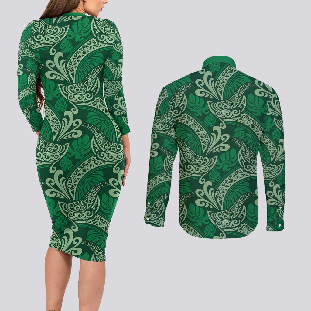 Forest Green Monstera Couples Matching Long Sleeve Bodycon Dress and Long Sleeve Button Shirt Polynesian Tribal Pattern - Polynesian Pride