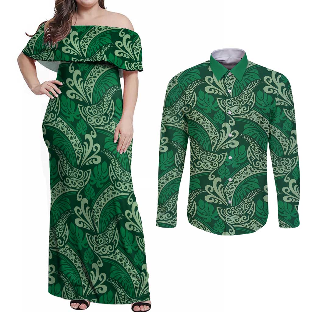 Forest Green Monstera Couples Matching Off Shoulder Maxi Dress and Long Sleeve Button Shirt Polynesian Tribal Pattern - Polynesian Pride