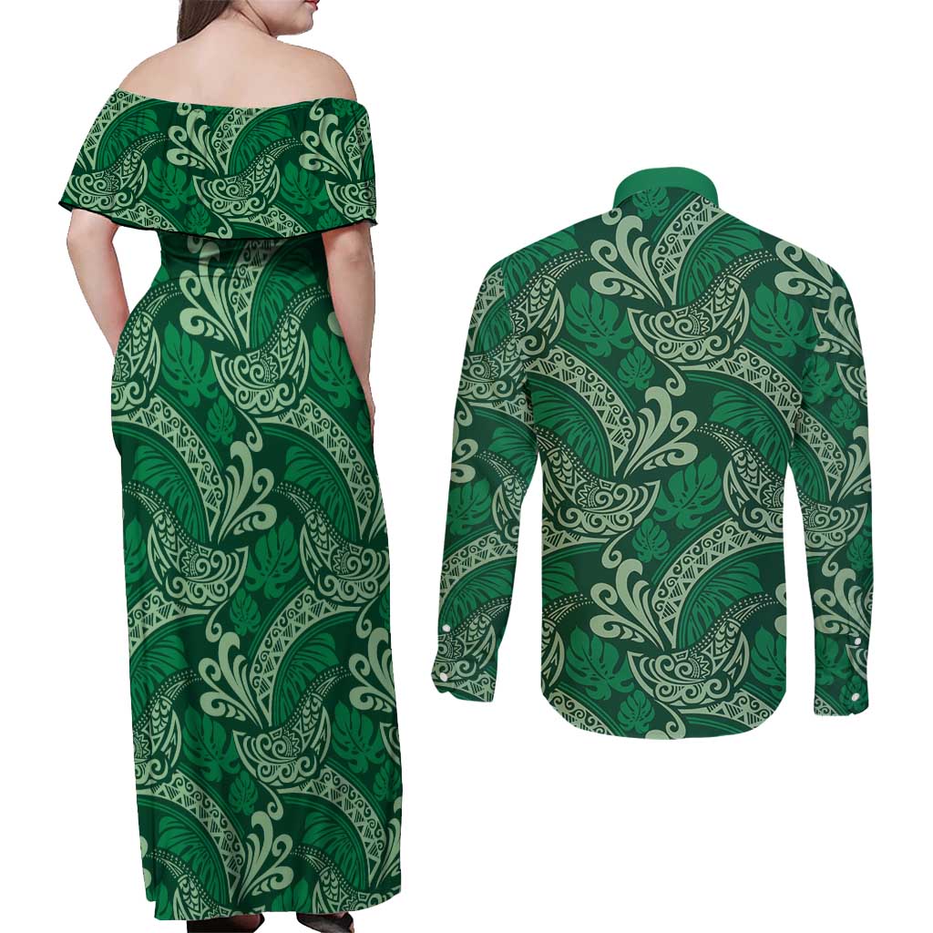 Forest Green Monstera Couples Matching Off Shoulder Maxi Dress and Long Sleeve Button Shirt Polynesian Tribal Pattern - Polynesian Pride