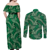 Forest Green Monstera Couples Matching Off Shoulder Maxi Dress and Long Sleeve Button Shirt Polynesian Tribal Pattern - Polynesian Pride