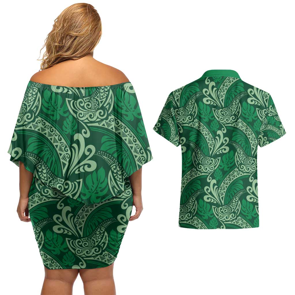 Forest Green Monstera Couples Matching Off Shoulder Short Dress and Hawaiian Shirt Polynesian Tribal Pattern - Polynesian Pride