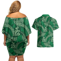 Forest Green Monstera Couples Matching Off Shoulder Short Dress and Hawaiian Shirt Polynesian Tribal Pattern - Polynesian Pride