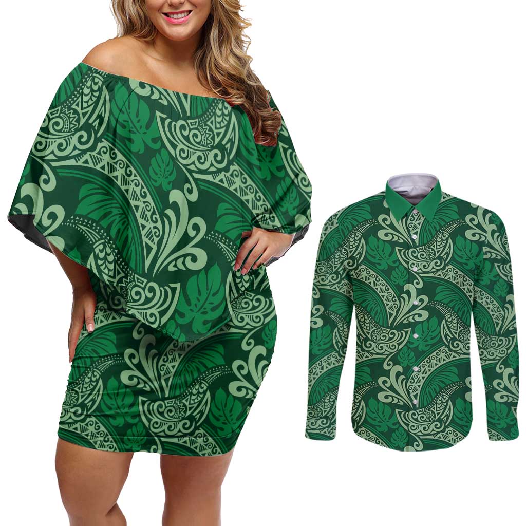 Forest Green Monstera Couples Matching Off Shoulder Short Dress and Long Sleeve Button Shirt Polynesian Tribal Pattern - Polynesian Pride