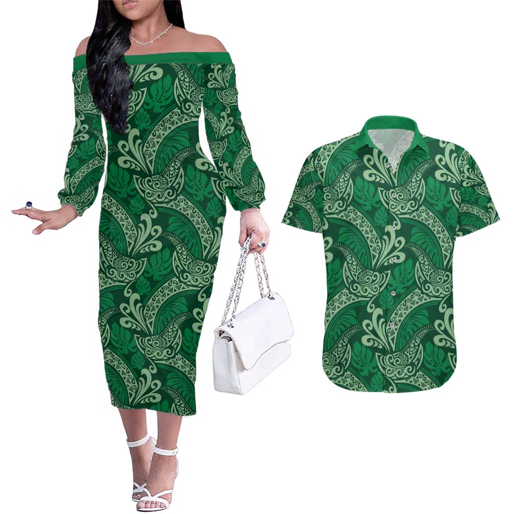 Forest Green Monstera Couples Matching Off The Shoulder Long Sleeve Dress and Hawaiian Shirt Polynesian Tribal Pattern - Polynesian Pride