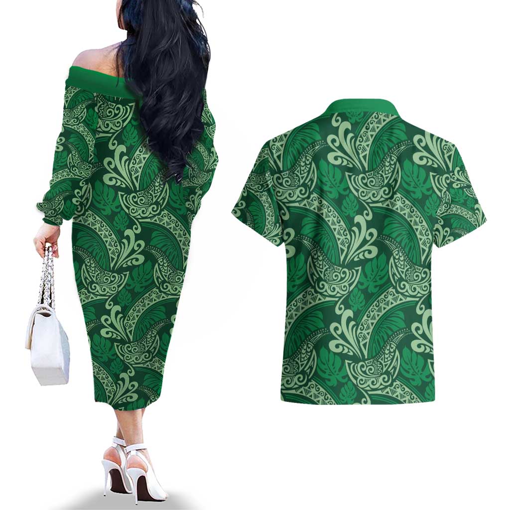 Forest Green Monstera Couples Matching Off The Shoulder Long Sleeve Dress and Hawaiian Shirt Polynesian Tribal Pattern - Polynesian Pride