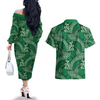 Forest Green Monstera Couples Matching Off The Shoulder Long Sleeve Dress and Hawaiian Shirt Polynesian Tribal Pattern - Polynesian Pride
