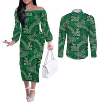 Forest Green Monstera Couples Matching Off The Shoulder Long Sleeve Dress and Long Sleeve Button Shirt Polynesian Tribal Pattern - Polynesian Pride