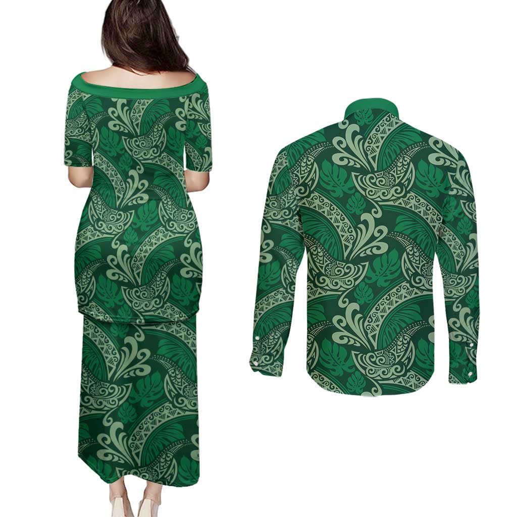 Forest Green Monstera Couples Matching Puletasi and Long Sleeve Button Shirt Polynesian Tribal Pattern - Polynesian Pride