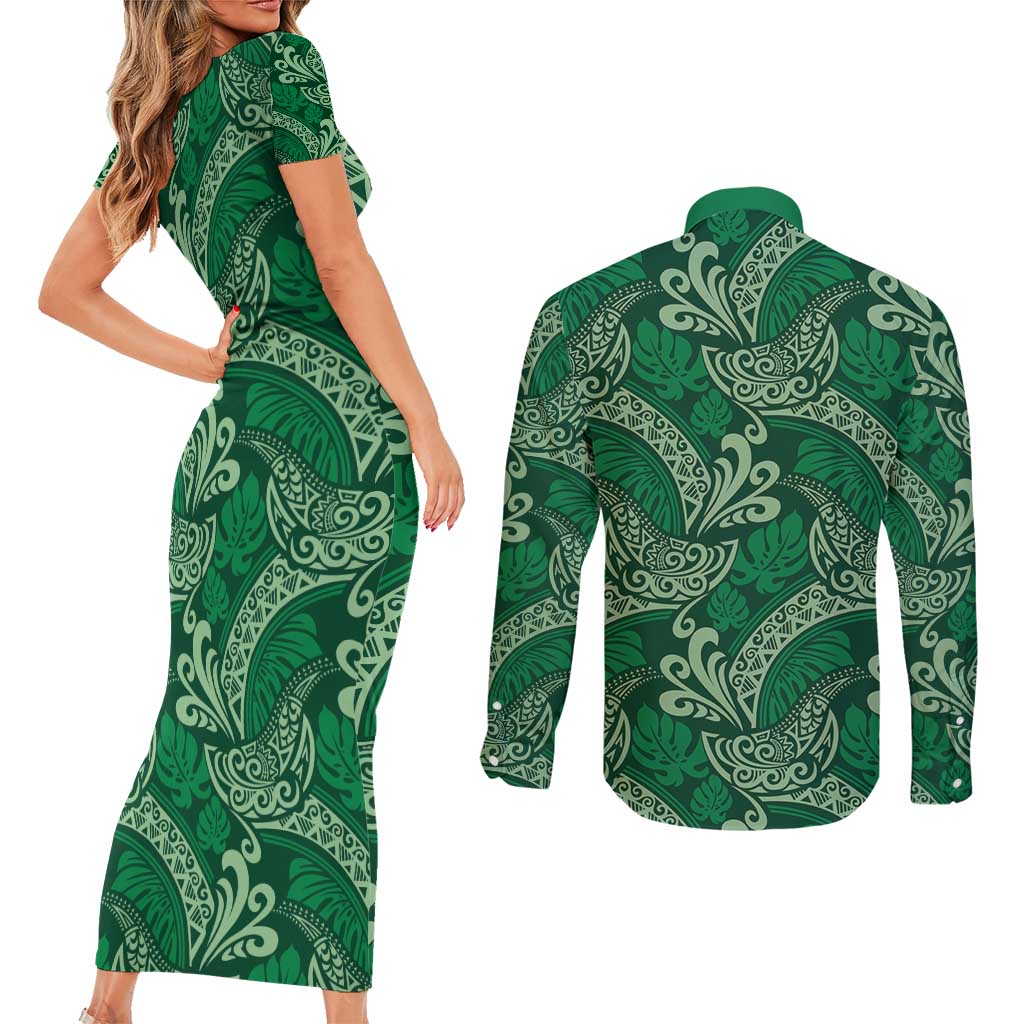 Forest Green Monstera Couples Matching Short Sleeve Bodycon Dress and Long Sleeve Button Shirt Polynesian Tribal Pattern - Polynesian Pride