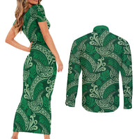 Forest Green Monstera Couples Matching Short Sleeve Bodycon Dress and Long Sleeve Button Shirt Polynesian Tribal Pattern - Polynesian Pride
