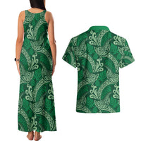 Forest Green Monstera Couples Matching Tank Maxi Dress and Hawaiian Shirt Polynesian Tribal Pattern - Polynesian Pride