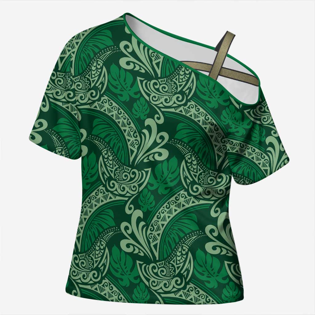 Forest Green Monstera Cross Shoulder Shirt Polynesian Tribal Pattern - Polynesian Pride