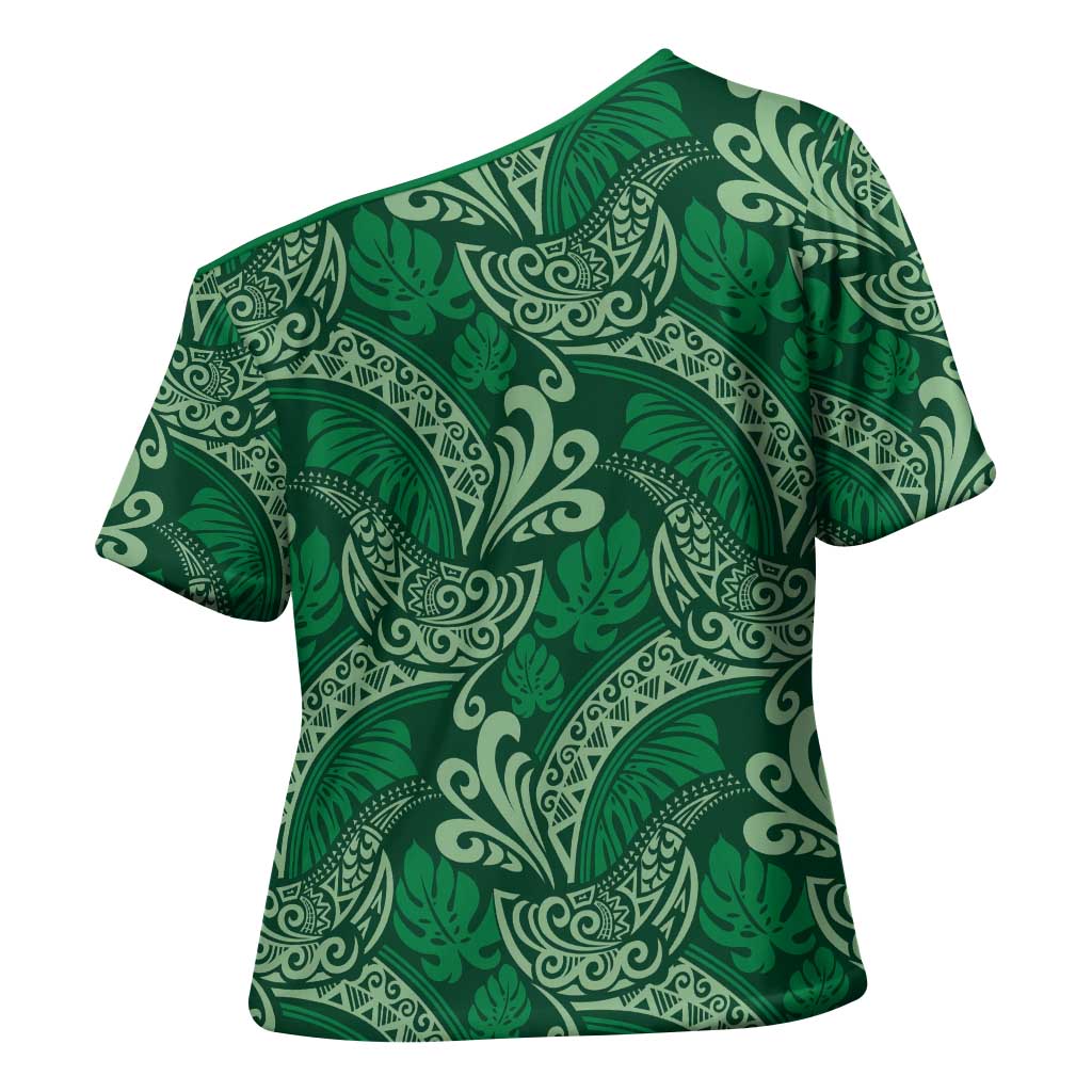 Forest Green Monstera Cross Shoulder Shirt Polynesian Tribal Pattern - Polynesian Pride