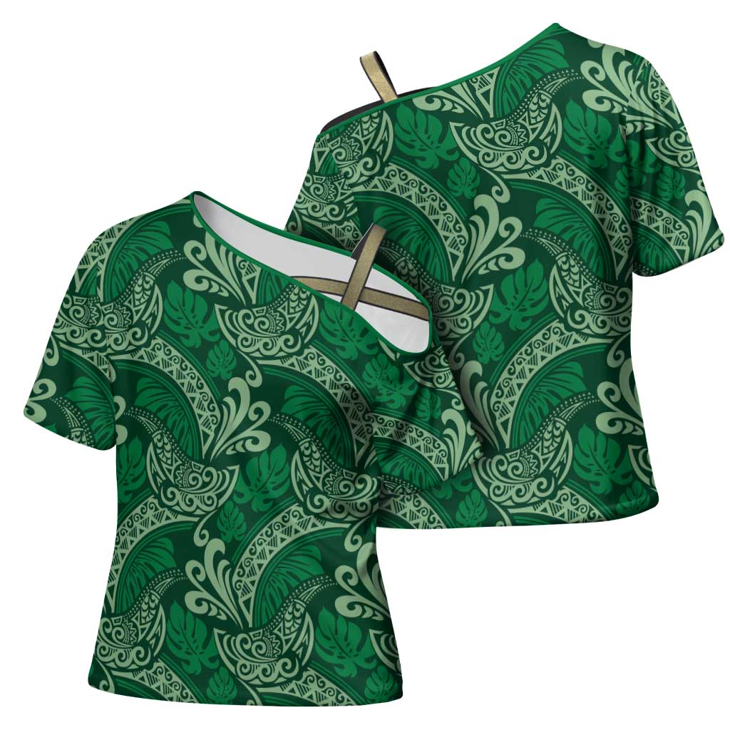 Forest Green Monstera Cross Shoulder Shirt Polynesian Tribal Pattern - Polynesian Pride
