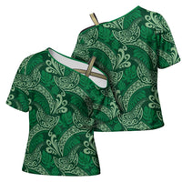 Forest Green Monstera Cross Shoulder Shirt Polynesian Tribal Pattern - Polynesian Pride