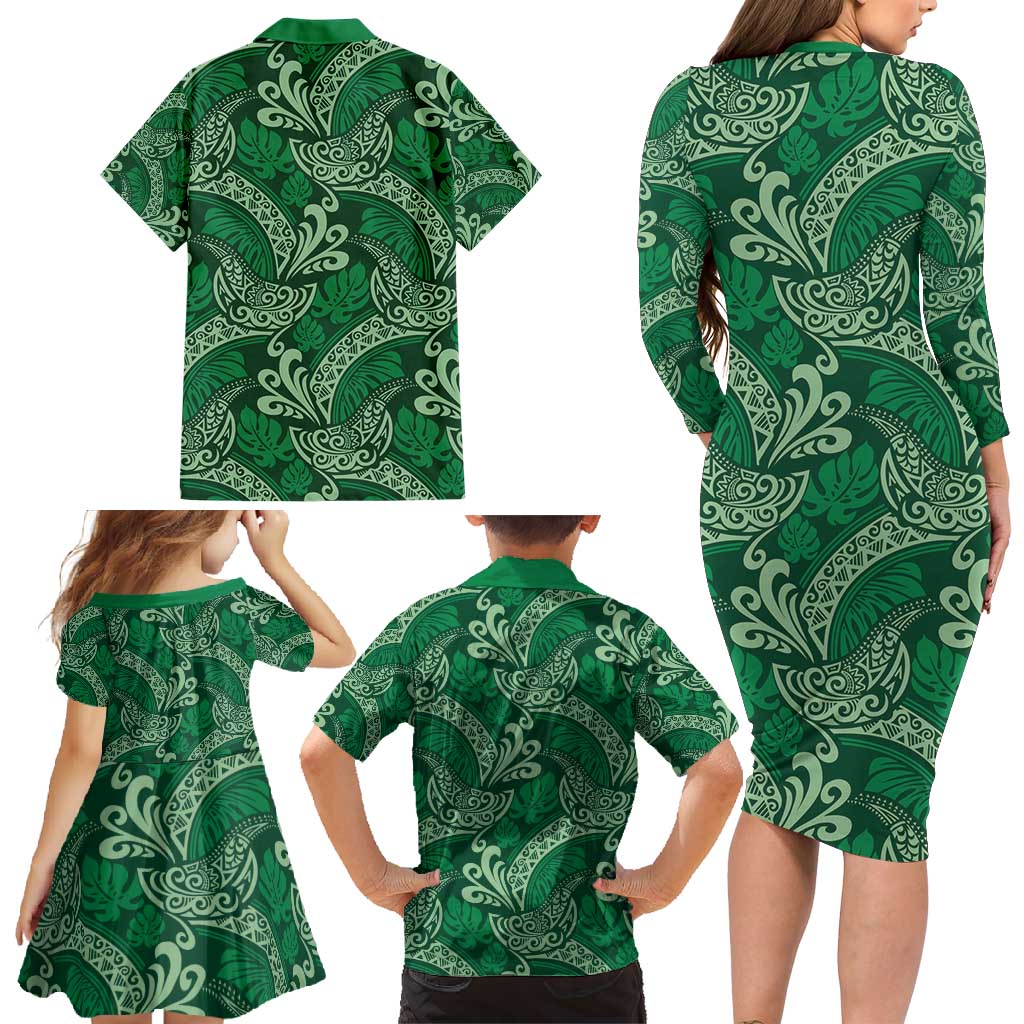 Forest Green Monstera Family Matching Long Sleeve Bodycon Dress and Hawaiian Shirt Polynesian Tribal Pattern - Polynesian Pride