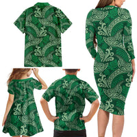 Forest Green Monstera Family Matching Long Sleeve Bodycon Dress and Hawaiian Shirt Polynesian Tribal Pattern - Polynesian Pride
