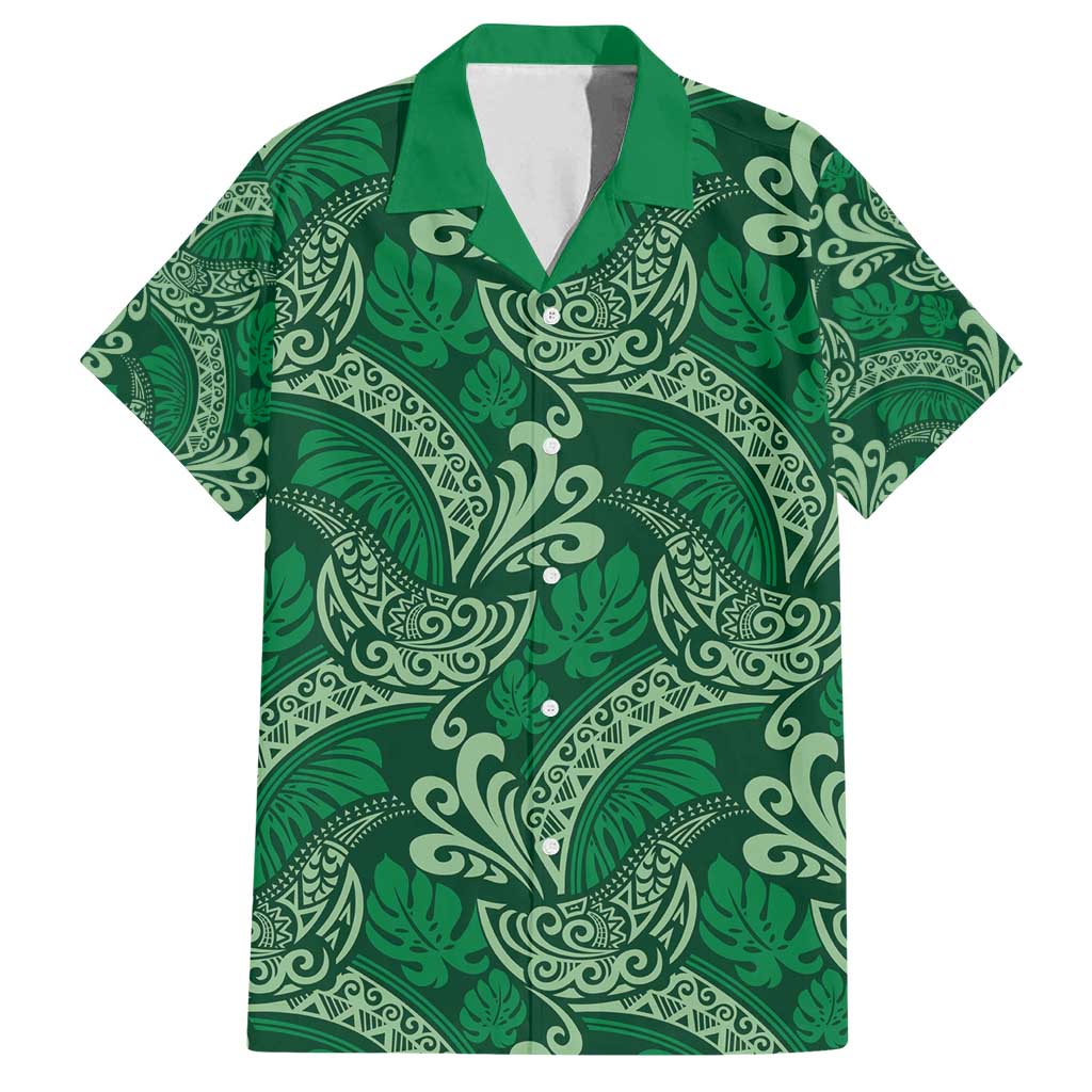 Forest Green Monstera Family Matching Long Sleeve Bodycon Dress and Hawaiian Shirt Polynesian Tribal Pattern - Polynesian Pride