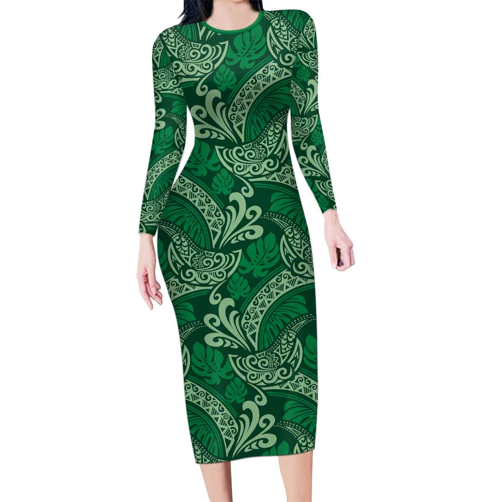 Forest Green Monstera Family Matching Long Sleeve Bodycon Dress and Hawaiian Shirt Polynesian Tribal Pattern - Polynesian Pride