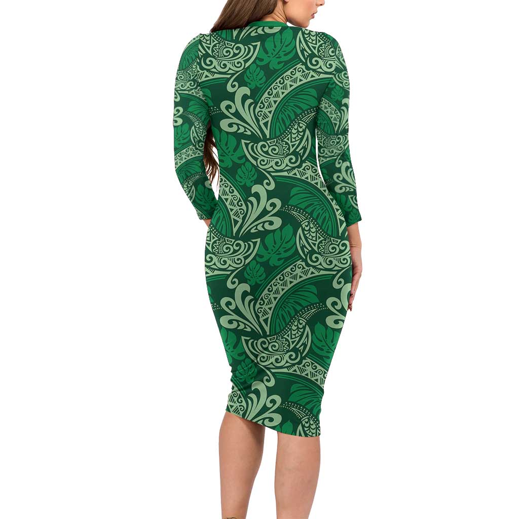 Forest Green Monstera Family Matching Long Sleeve Bodycon Dress and Hawaiian Shirt Polynesian Tribal Pattern - Polynesian Pride