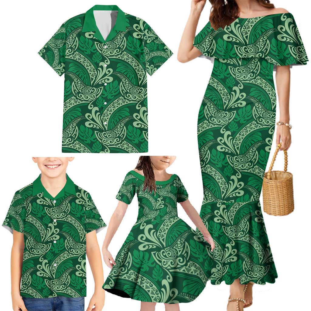 Forest Green Monstera Family Matching Mermaid Dress and Hawaiian Shirt Polynesian Tribal Pattern - Polynesian Pride