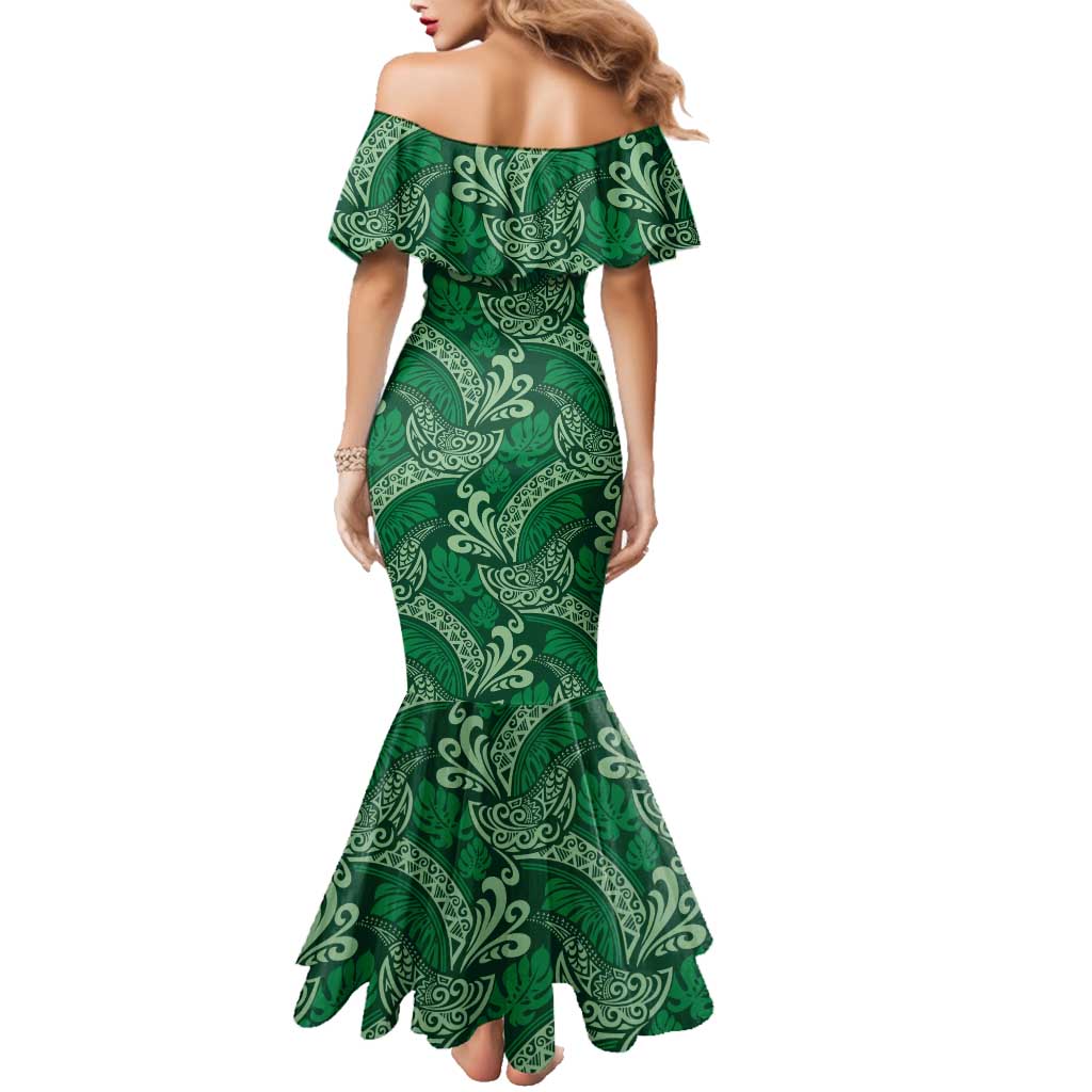 Forest Green Monstera Family Matching Mermaid Dress and Hawaiian Shirt Polynesian Tribal Pattern - Polynesian Pride Forest Green Monstera Family Matching Mermaid Dress and Hawaiian Shirt Polynesian Tribal Pattern - Polynesian Pride