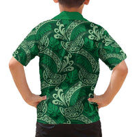 Forest Green Monstera Family Matching Off The Shoulder Long Sleeve Dress and Hawaiian Shirt Polynesian Tribal Pattern - Polynesian Pride