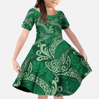 Forest Green Monstera Family Matching Off The Shoulder Long Sleeve Dress and Hawaiian Shirt Polynesian Tribal Pattern - Polynesian Pride