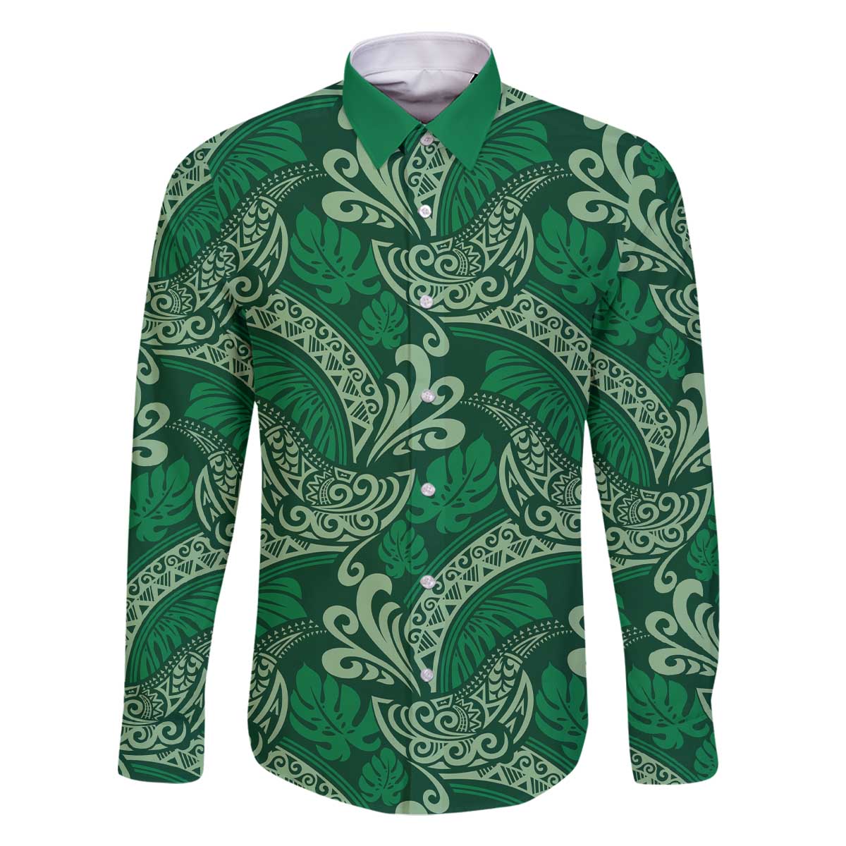 Forest Green Monstera Family Matching Off The Shoulder Long Sleeve Dress and Hawaiian Shirt Polynesian Tribal Pattern - Polynesian Pride