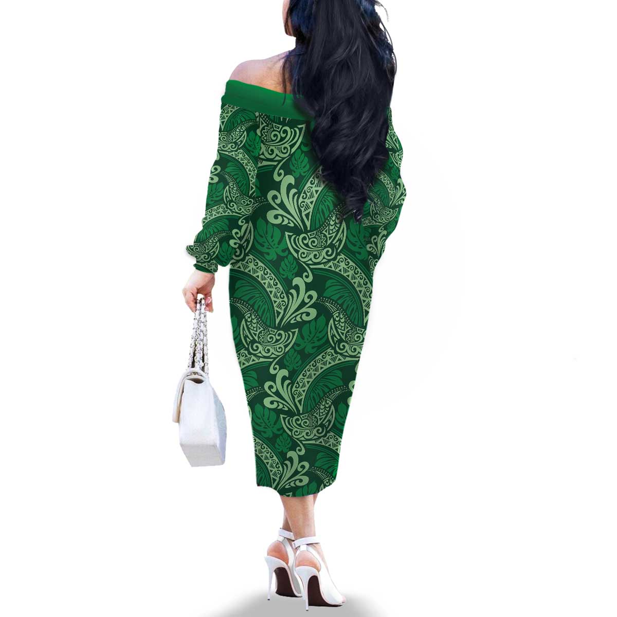 Forest Green Monstera Family Matching Off The Shoulder Long Sleeve Dress and Hawaiian Shirt Polynesian Tribal Pattern - Polynesian Pride
